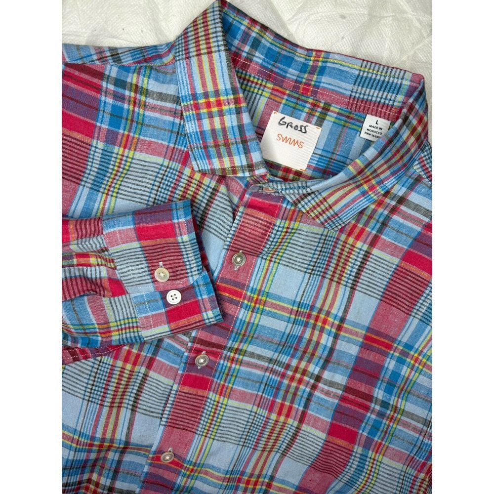 SWIMS‎ Amalfi Plaid 100% Linen Button Down Casual Long Sleeve Shirt Large Blue